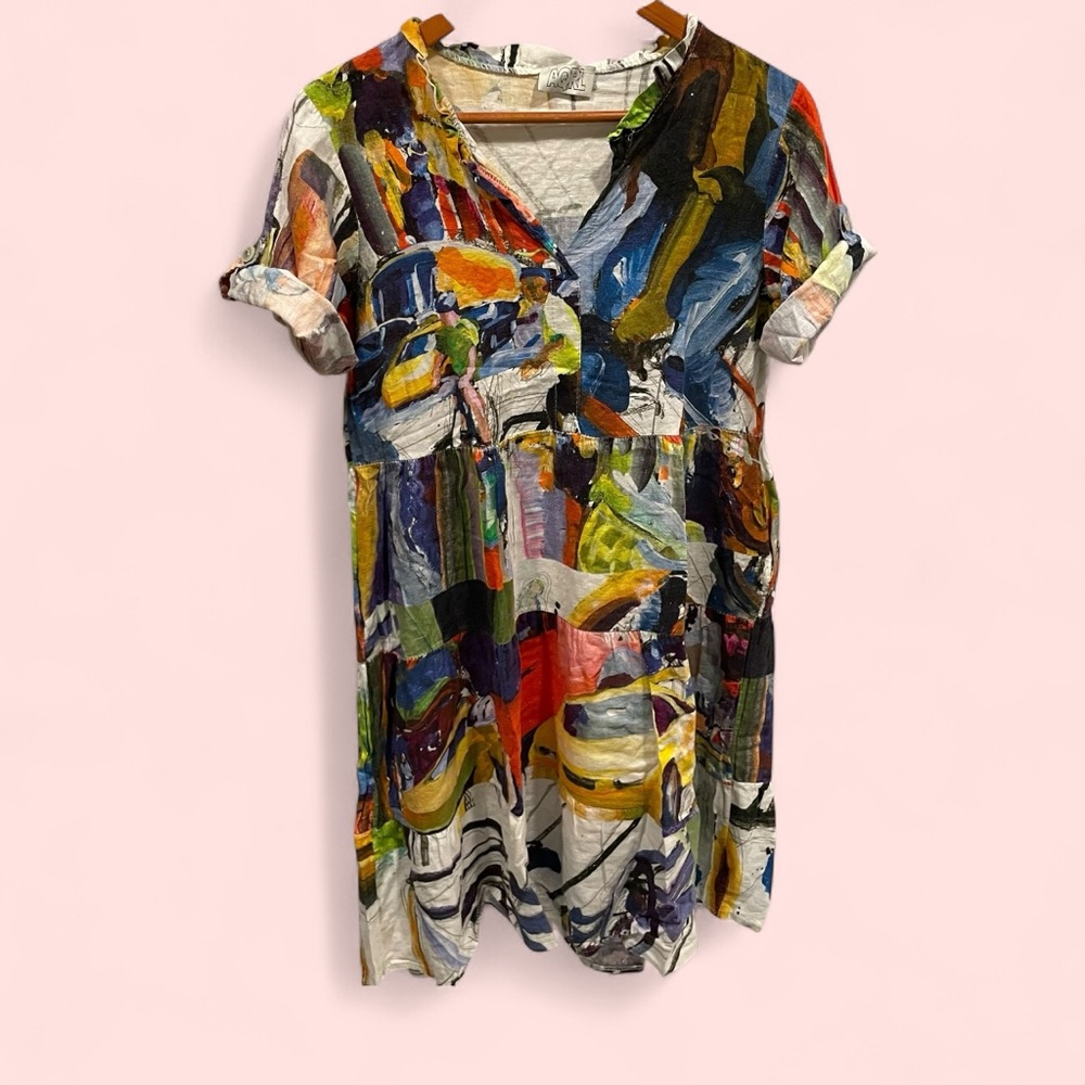 Cute AQRL abstract art roll sleeve Basquiat ruffle mini linen blend breezy dress